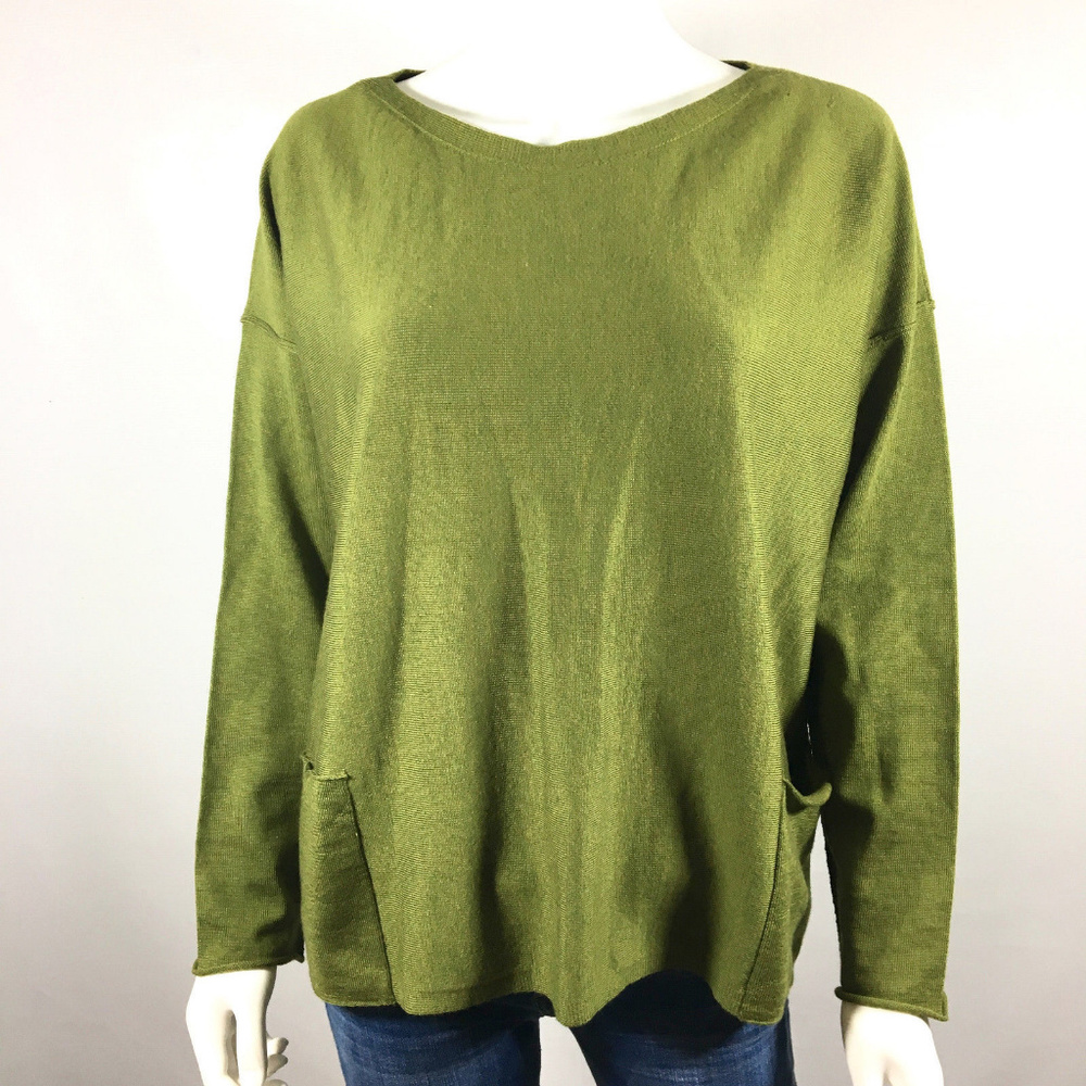 Eileen Fisher M Green Wool Boxy Drop Sleeve sweate